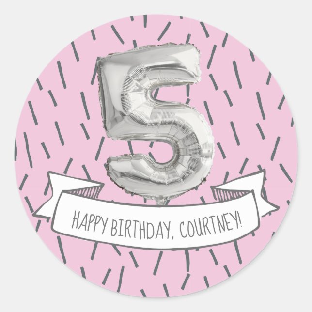 Pegatina Redonda Chicas de globos rosados y grises 5ª fiesta de cum (Anverso)