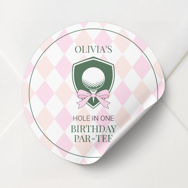 Pegatina Redonda Chicas de golf rosados Fiesta de primer cumpleaños (Pink Golf Girls Personalized 1st Birthday Party Classic Round Sticker)
