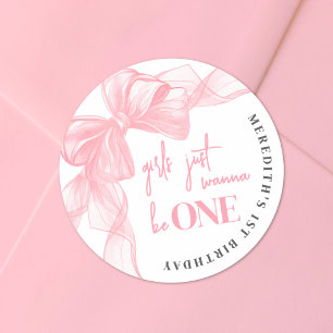 Pegatina Redonda Chicas de lazo rosa Cumpleaños número 1