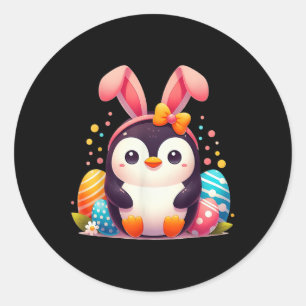 Pegatina Redonda Chicas de niños del Penguin Bunny Easter Day