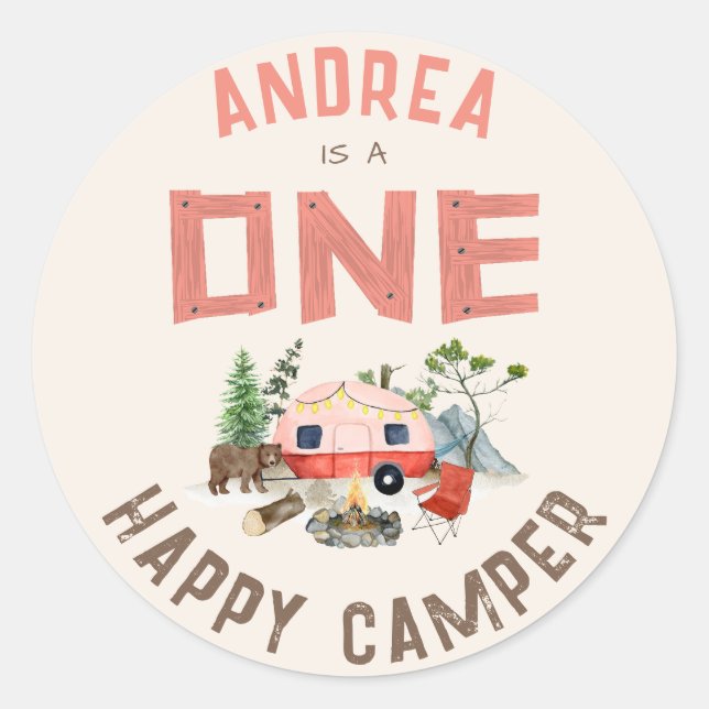 Pegatina Redonda Chicas de Pink One Happy Camper Woodland (Anverso)