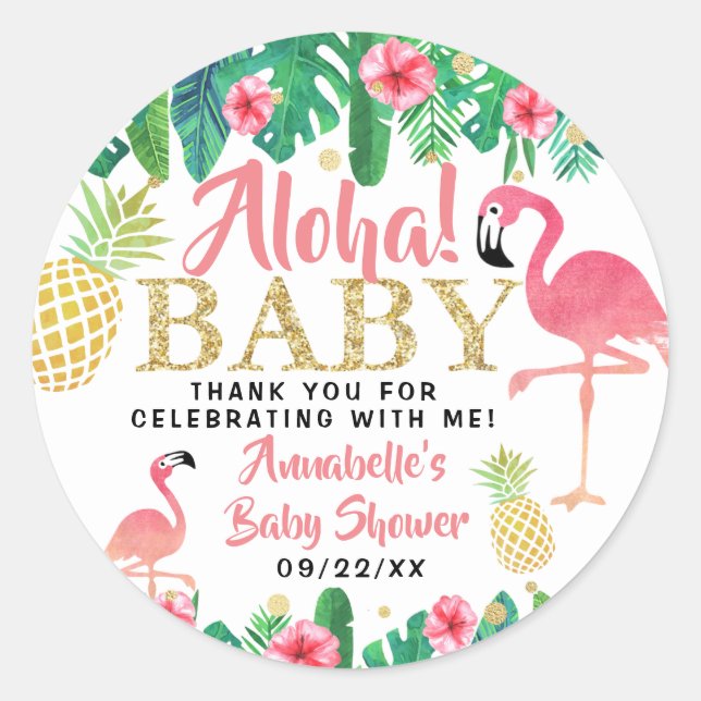 Pegatina Redonda Chicas de Summer Beach Luau Tropical Baby Shower (Anverso)