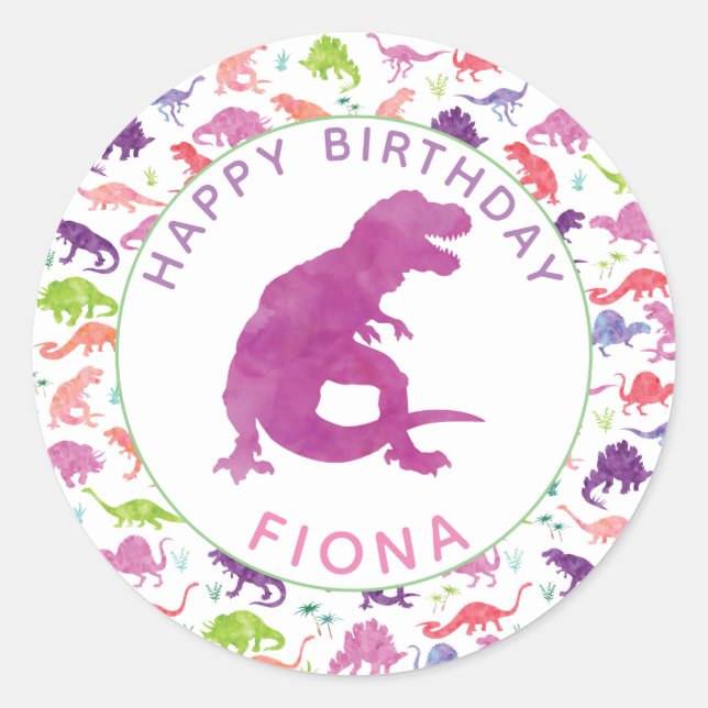 Pegatina Redonda Chicas Dinosaur Birthday Party personalizado morad (Anverso)