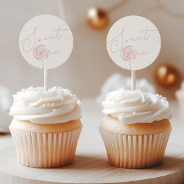 Pegatina Redonda Chicas Dulce Rosa Un Candy Helado Primer Cumpleaño