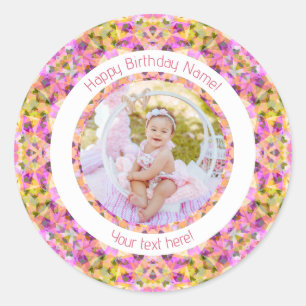 Pegatina Redonda Chicas Feliz cumpleaños verano Estrella Rosa Edad 
