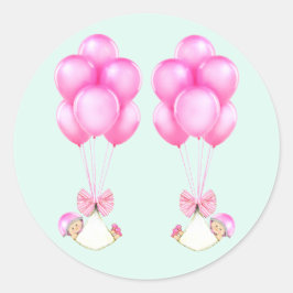 Pegatina Redonda Chicas gemelos globos rosados Baby Shower