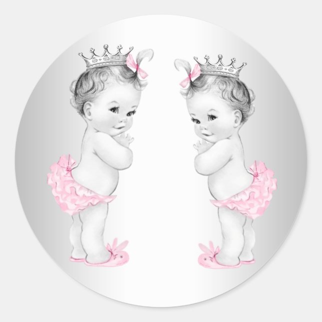Pegatina Redonda Chicas gemelos rosados Pegatinas de Baby Shower (Anverso)