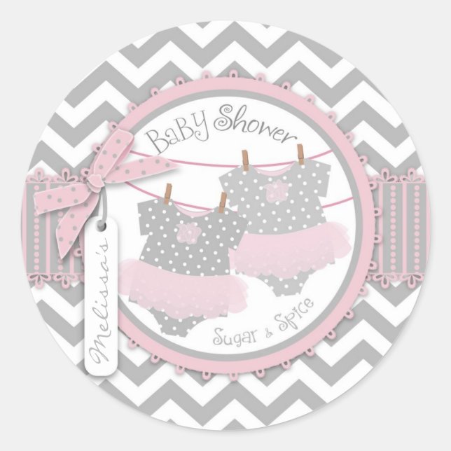 Pegatina Redonda Chicas gemelos Tutus Chevron Imprimir Baby Shower (Anverso)