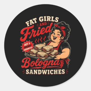 Pegatina Redonda Chicas Gordas Divertidas Y Sándwiches De Bologna F