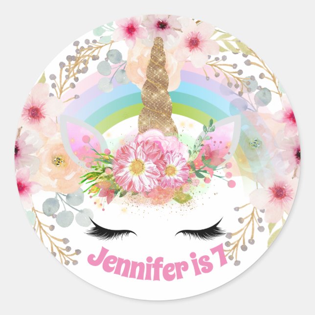 Pegatina Redonda Chicas Pegatinas de cumpleaños de Unicornio NOMBRA (Anverso)