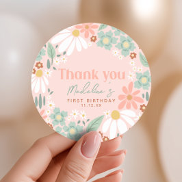 Pegatina Redonda Chicas Pink Wildflower Daisy Primer Favor de Cumpl