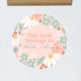 Pegatina Redonda Chicas Pink Wildflower Daisy School Bookplate