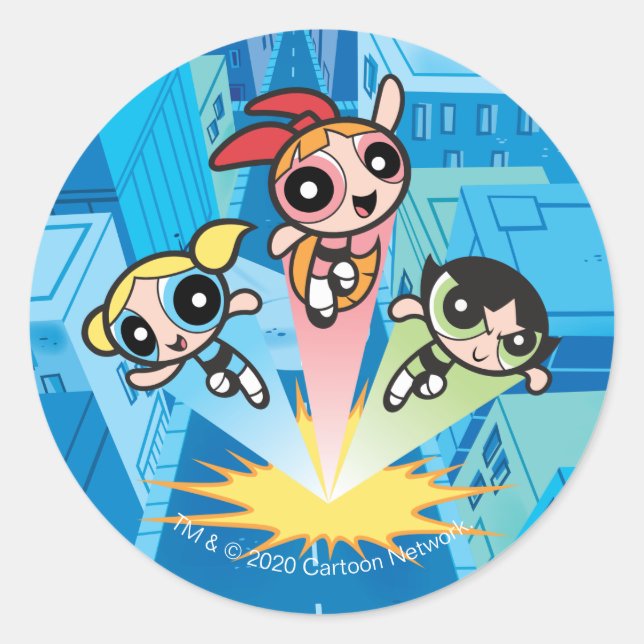 Pegatina Redonda Chicas Powerpuff Lanzan Al Aire (Anverso)