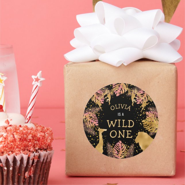 Pegatina Redonda Chicas Primer Fiesta de cumpleaños Safari negro de (Fiesta)