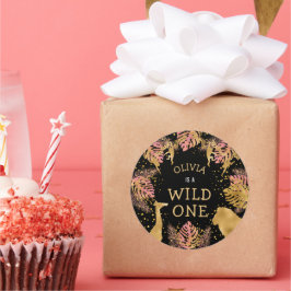 Pegatina Redonda Chicas Primer Fiesta de cumpleaños Safari negro de