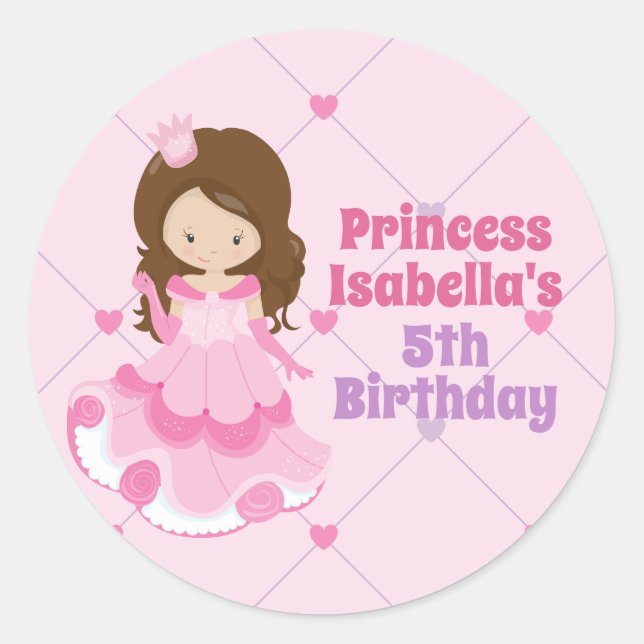 Pegatina Redonda Chicas princesas rosadas, fiesta de cumpleaños Per (Anverso)