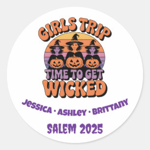 Pegatina Redonda Chicas recorren Witch Halloween Retro