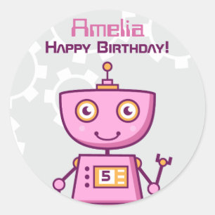 Pegatina Redonda Chicas Robot Rosa Feliz Cumpleaños