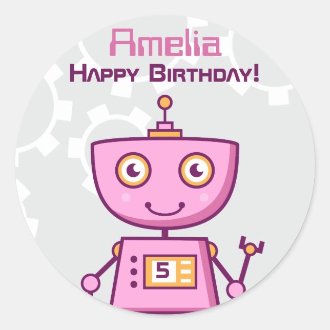 Pegatina Redonda Chicas Robot Rosa Feliz Cumpleaños (Anverso)
