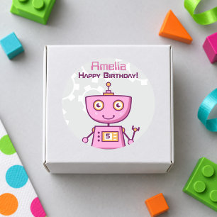 Pegatina Redonda Chicas Robot Rosa Feliz Cumpleaños