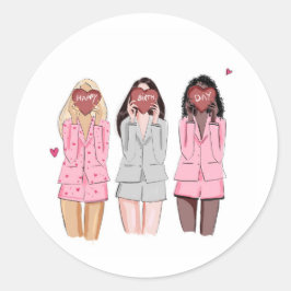 Pegatina Redonda Chicas rosados del ilustracion feliz de cumpleaños