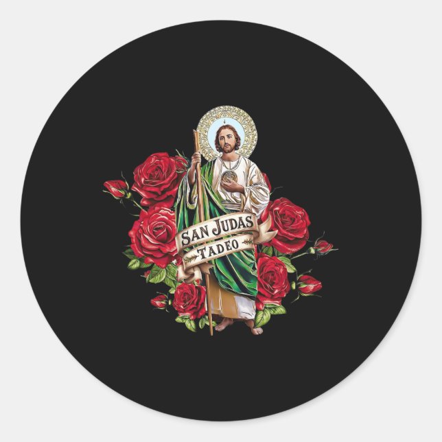 Pegatina Redonda Chicas Rosas Rojas San Judas Tadeo Con Bandera (Anverso)