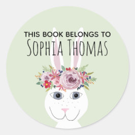 Pegatina Redonda Chicas Trendy Floral Rabbit Name Bookplate