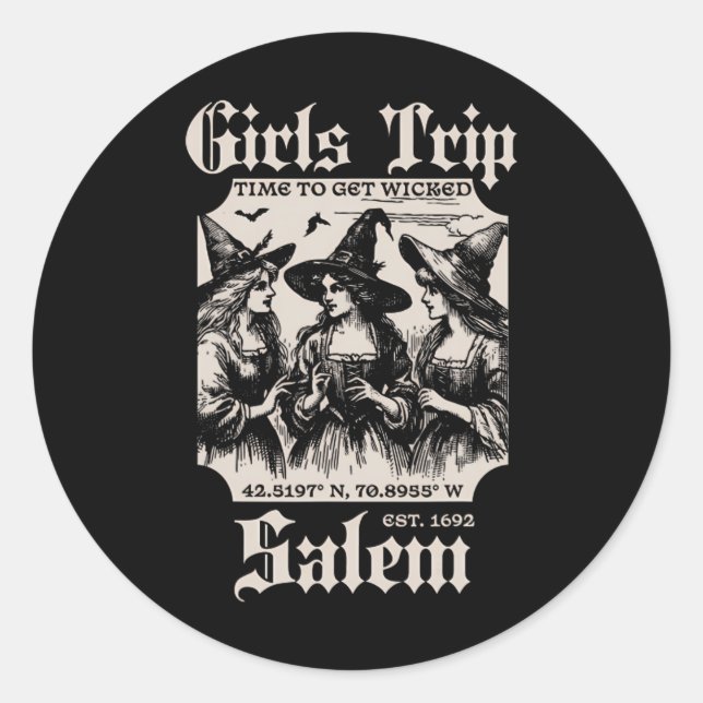 Pegatina Redonda Chicas Viajan Salem 1692 Perdieron A Una Bruja (Anverso)
