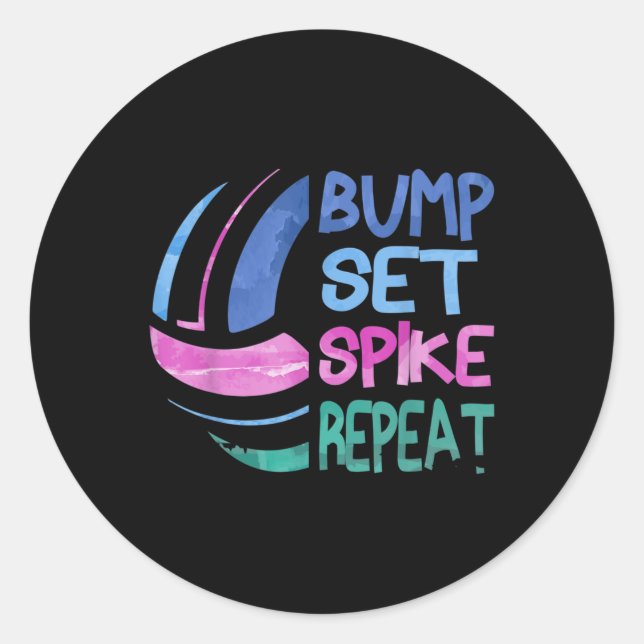 Pegatina Redonda Chicas Voleibol Bump Set Spike Repetir Blue Purple (Anverso)