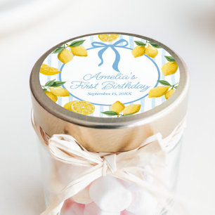 Pegatina Redonda Chicas Whimsical Blue Bow Lemon Amalfi Cumpleaños