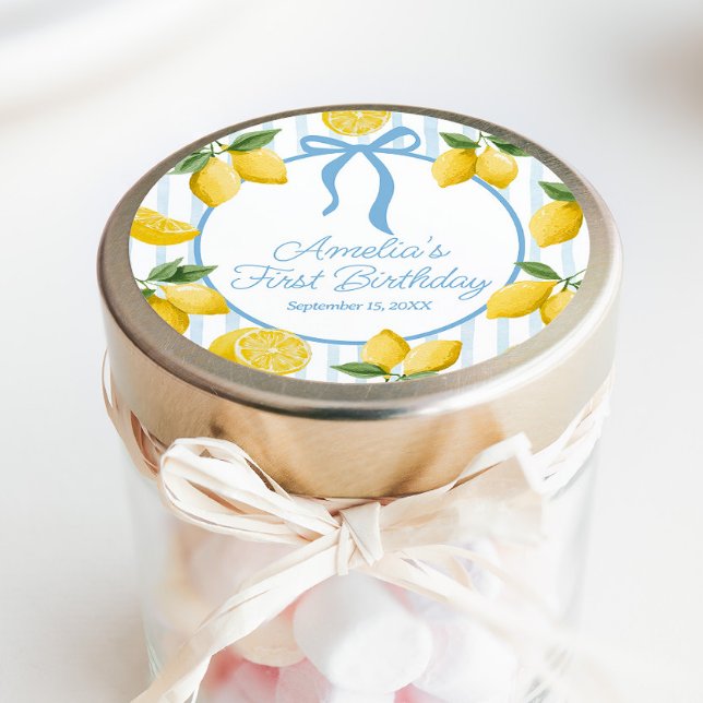 Pegatina Redonda Chicas Whimsical Blue Bow Lemon Amalfi Cumpleaños (Subido por el creador)