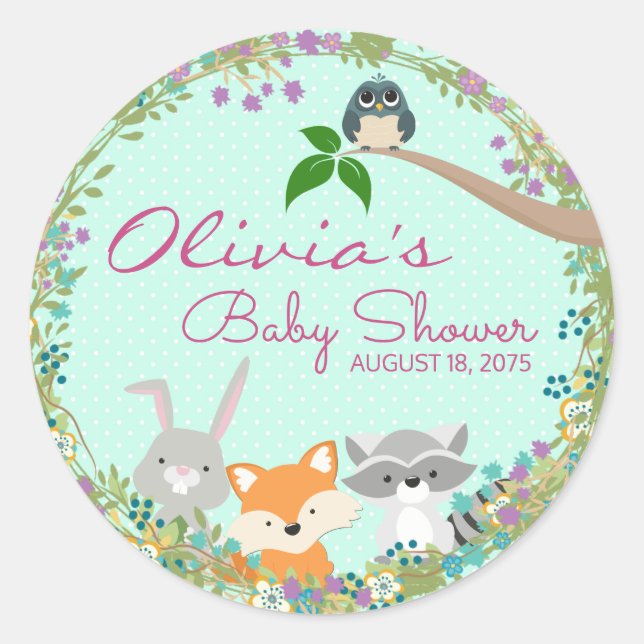Pegatina Redonda Chicas Woodland Baby Shower (Anverso)