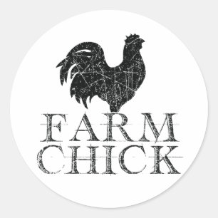 Pegatina Redonda Chick de granja negra con gallo