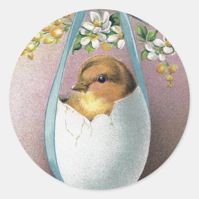 Pegatina Redonda Chick en Dangling Eggshell Vintage Easter (Anverso)