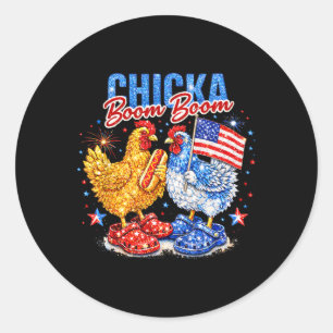Pegatina Redonda Chicka Boom Boom Pollo Patriótico Rojo Blanco Azul