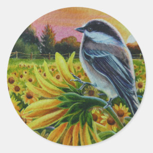 Pegatina Redonda Chickadee Bird Sunflower Farm Watercolor Art