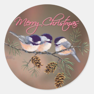 Pegatina Redonda CHICKADEES, PINECONES y TEXTO de SHARON SHARPE