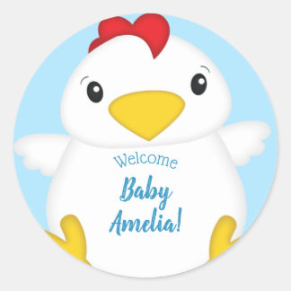 Pegatina Redonda Chicken Baby Shower Blue Boy