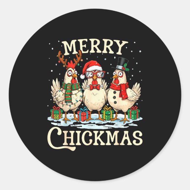 Pegatina Redonda Chicken Christmas Santa Hat Merry Chickmas Xmas Fa (Anverso)