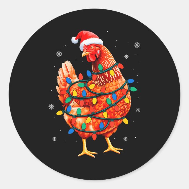 Pegatina Redonda Chicken Christmas Tree Lights Farm Animal Santa Xm (Anverso)