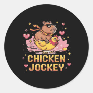 Pegatina Redonda Chicken Jockey Capybara Montar Pixel Art Gamer Mem