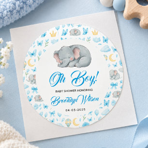 Pegatina Redonda Chico Adorable Elefante Acuarela Baby Shower
