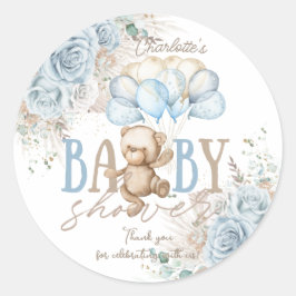 Pegatina Redonda Chico Baby Shower Oso de Peluche Pampas Floral Azu
