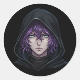 Pegatina Redonda Chico de Anime con Sudadera Oscura y Cabello Púrpu