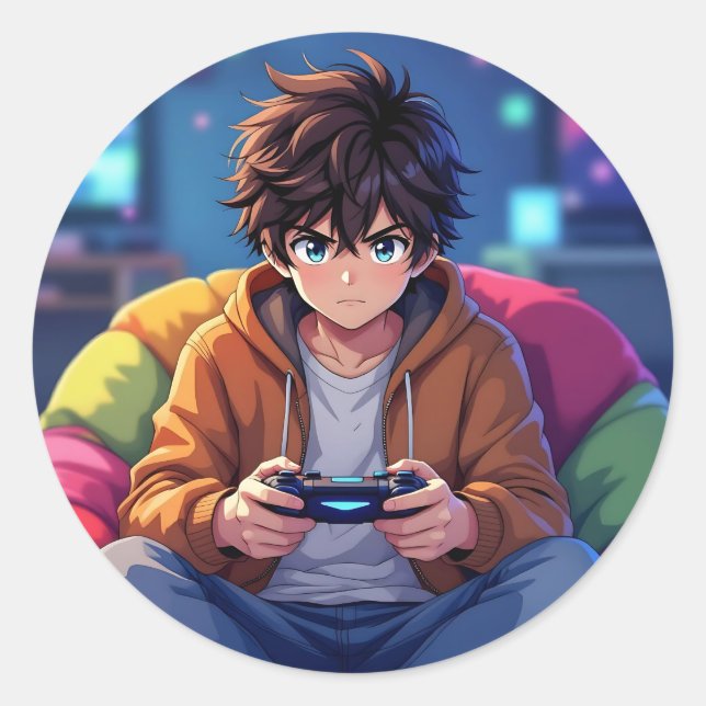 Pegatina Redonda Chico de anime jugando videojuego  (Anverso)