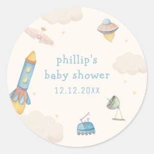 Pegatina Redonda Chico de cohete del espacio exterior boho Baby Sho