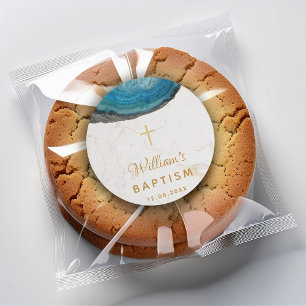 Pegatina Redonda Chico de geoda azul Bautizo Mármol blanco Cruz dor