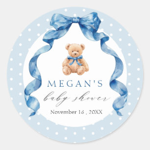 Pegatina Redonda Chico de oso de peluche azul Baby Shower
