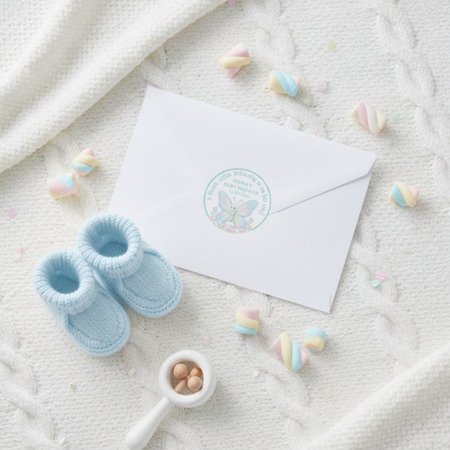 Pegatina Redonda Chico de Shower de Bebé Mariposa de Algodón de Azú (Blue Cotton Candy Butterfly Boy Baby Shower Classic Round Sticker)