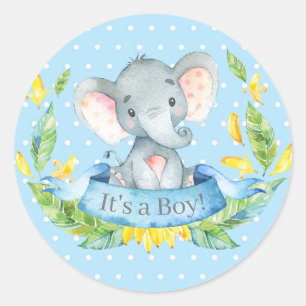 Pegatina Redonda Chico Elefante Baby Shower Azul